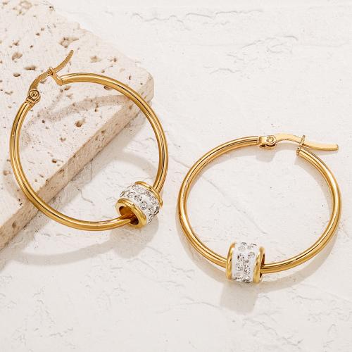 Stainless Steel Hoop Earring, 304 Stainless Steel, gold color plated & for woman & with rhinestone 