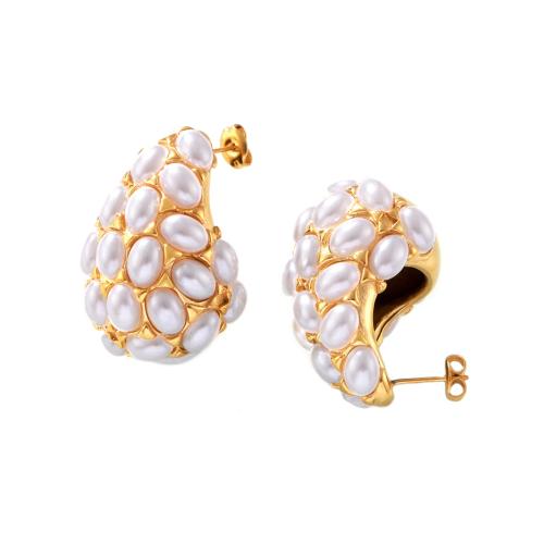 Acier titane boucle d oreille dormeuse, avec perle de plastique, Plaqué or 18K, bijoux de mode & pour femme, Vendu par paire