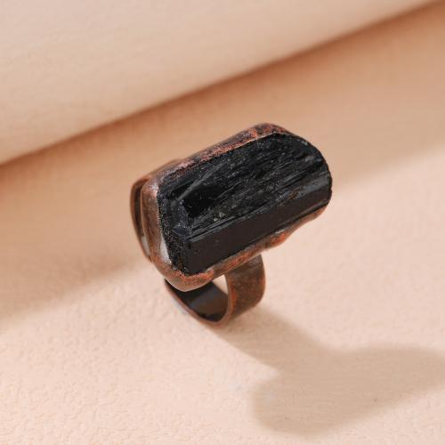 Gemstone Brass Finger Ring, with Schorl, antique brass color plated, Adjustable & for woman, black 