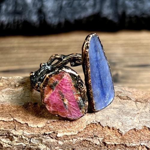 Gemstone Brass Finger Ring, with Ruby & Kyanite, plated, Adjustable & for woman 