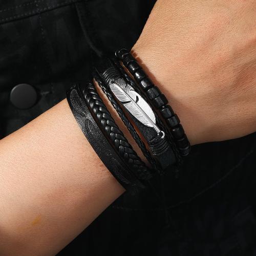 PU Leather Cord Bracelets, Zinc Alloy, with PU Leather & Elastic Thread & Wax Cord & Wood, plated, multilayer & for man [