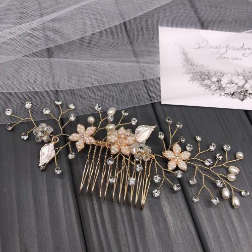 Decorative Hair Combs, Brass, with Plastic Pearl, fashion jewelry & for woman & with rhinestone, golden 