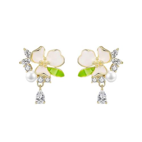 Cubic Zirconia Micro Pave Sterling Silver Earring, 925 Sterling Silver, with Shell Pearl, polished, micro pave cubic zirconia & for woman & enamel 