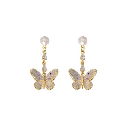 Freshwater Pearl Brass Earring, with Freshwater Pearl, 18K gold plated, fashion jewelry & micro pave cubic zirconia & for woman 