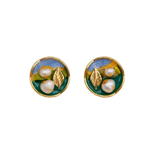 Freshwater Pearl Brass Earring, with Freshwater Pearl, 18K gold plated, fashion jewelry & for woman & enamel 18mm 