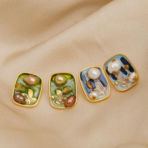 Freshwater Pearl Brass Earring, with Freshwater Pearl, 18K gold plated, fashion jewelry & for woman & enamel 