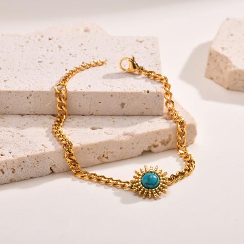 Stainless Steel Chain Bracelets, 304 Stainless Steel, with turquoise, with 2cm extender chain, fashion jewelry & for woman, golden, 14.3mm Approx 16 cm 