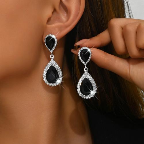 Brass Drop Earring, with Crystal, Teardrop, silver color plated, for woman & with rhinestone 