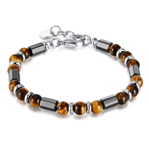 Tiger Eye Stone Bracelets, 304 Stainless Steel, with Tiger Eye, with 25mm extender chain, fashion jewelry & for man mm [