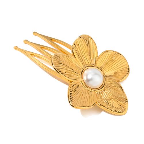 Decorative Hair Combs, 304 Stainless Steel, with Plastic Pearl, Flower, fashion jewelry & for woman, gold 