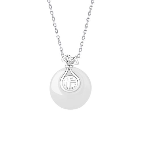 925 Sterling Silver Necklace, with White Chalcedony, with 2inch extender chain, platinum plated, oval chain & for woman Approx 15.7 Inch 