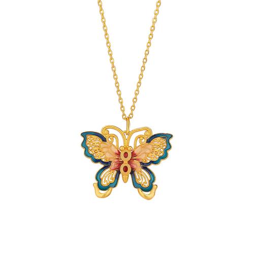 925 Sterling Silver Necklace, with 2inch extender chain, Butterfly, gold color plated, oval chain & for woman & enamel Approx 15.7 Inch 