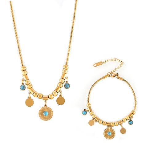 Ensemble de bijoux en acier de titane, Acier titane, avec turquoise, Plaqué or 18K, bijoux de mode & styles différents pour le choix & pour femme, Vendu par PC