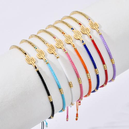 Glass Seed Beads Bracelets, Seedbead, with Knot Cord & 304 Stainless Steel, Vacuum Ion Plating, Adjustable & for woman cm 