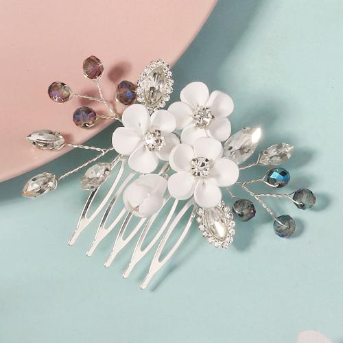 Decorative Hair Combs, Zinc Alloy, with Clay, silver color plated, for bridal & with rhinestone 