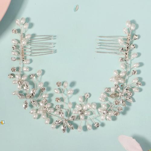 Decorative Hair Combs, Zinc Alloy, with Plastic Pearl, silver color plated, for bridal & with rhinestone 