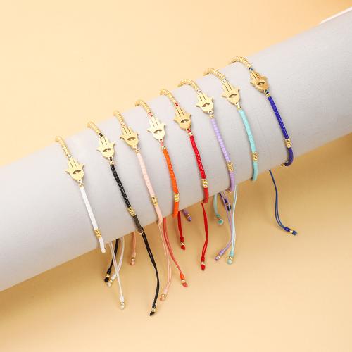 Glass Seed Beads Bracelets, Seedbead, with Knot Cord & 304 Stainless Steel, Vacuum Ion Plating, Adjustable & for woman cm 