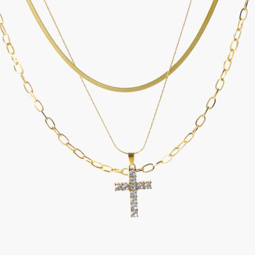 Stainless Steel Jewelry Necklace, 304 Stainless Steel, Cross  & for woman & with rhinestone, golden 