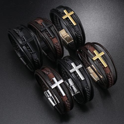 PU Leather Cord Bracelets, Zinc Alloy, with Magnet & PU Leather, plated, multilayer & for man [