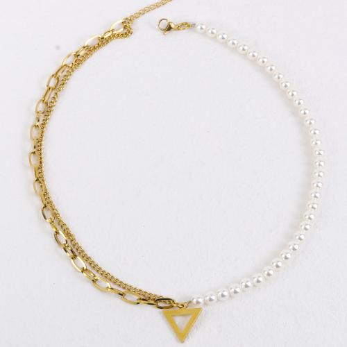 Stainless Steel Jewelry Necklace, 304 Stainless Steel, with Plastic Pearl, with 5cm extender chain, Triangle, fashion jewelry & Unisex, golden Approx 43 cm 