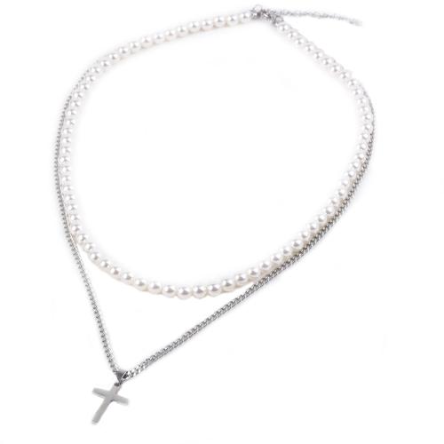 Stainless Steel Jewelry Necklace, 304 Stainless Steel, with Plastic Pearl, with 5cm extender chain, Cross, Double Layer & fashion jewelry & for man Approx 45 cm, Approx 50 cm 