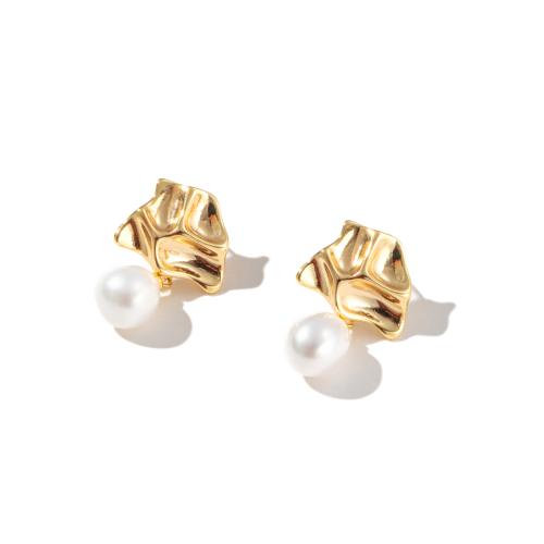 Freshwater Pearl Brass Earring, with Freshwater Pearl, gold color plated, fashion jewelry, golden 