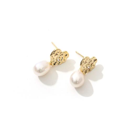 Freshwater Pearl Brass Earring, with Freshwater Pearl, gold color plated, fashion jewelry & micro pave cubic zirconia, golden 