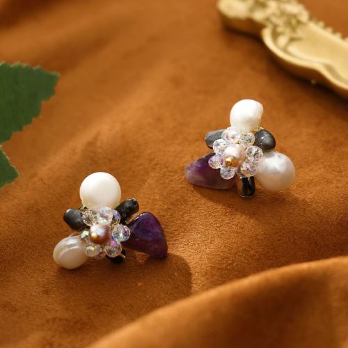 Freshwater Pearl Brass Earring, with Freshwater Pearl & Amethyst, plated, fashion jewelry, mixed colors 