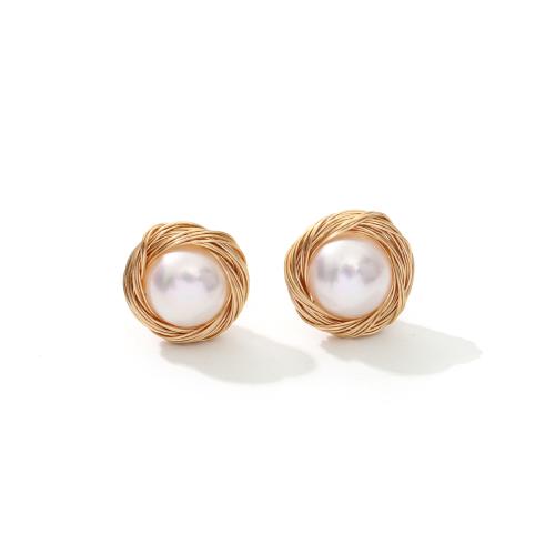 Freshwater Pearl Brass Earring, with Freshwater Pearl, gold color plated, fashion jewelry, golden 