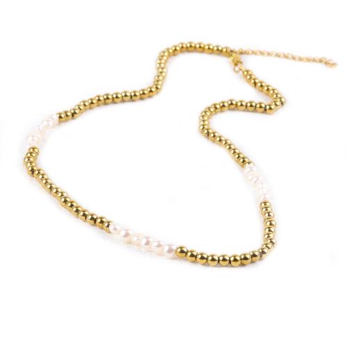 Stainless Steel Jewelry Necklace, 304 Stainless Steel, with Plastic Pearl, with 5cm extender chain, 18K gold plated, fashion jewelry & for woman cm 