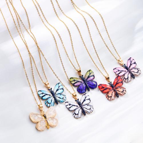 Stainless Steel Jewelry Necklace, 304 Stainless Steel, with Resin, Butterfly, Vacuum Ion Plating, for woman 