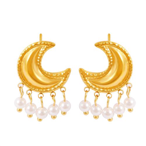 Boucles d'oreilles en acier titane, avec perle de plastique, lune, bijoux de mode & pour femme, Or, Vendu par paire