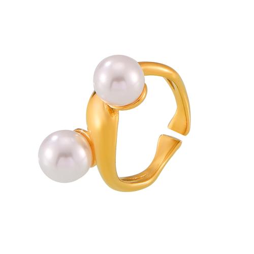 Titane Acier Bague, Acier titane, avec perle de plastique, Plaqué or 18K, bijoux de mode & pour femme Vendu par PC