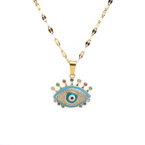 Evil Eye Jewelry Necklace, Brass, with 304 Stainless Steel Chain & Cubic Zirconia & Crystal, with 5cm extender chain, 18K gold plated, fashion jewelry & for woman cm 