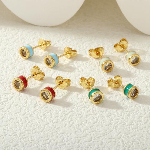 Cubic Zirconia Pendiente Brass Micro Pave, metal, Esférico, chapado en color dorado, micro arcilla de zirconia cúbica & para mujer & esmalte, más colores para la opción, 15x5mm, Vendido por Par