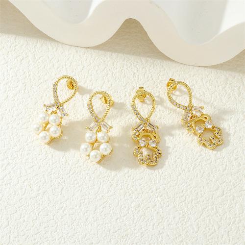 Cubic Zirconia Pendiente Brass Micro Pave, metal, con Perlas plásticas, chapado en color dorado, diferentes estilos para la opción & micro arcilla de zirconia cúbica & para mujer, más colores para la opción, Vendido por Par