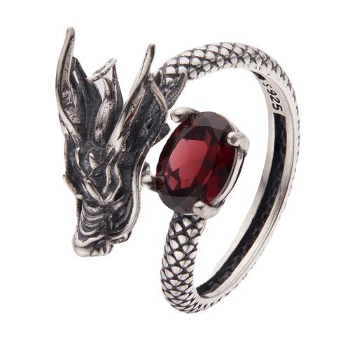 925 Sterling Silver Cuff Finger Ring, with Gemstone, Dragon, vintage & Unisex, US Ring 