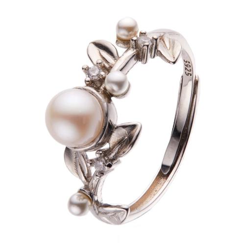 925 Sterling Silver Cuff Finger Ring, with Freshwater Pearl, Leaf, adjustable & for woman & with rhinestone, silver color, US Ring [