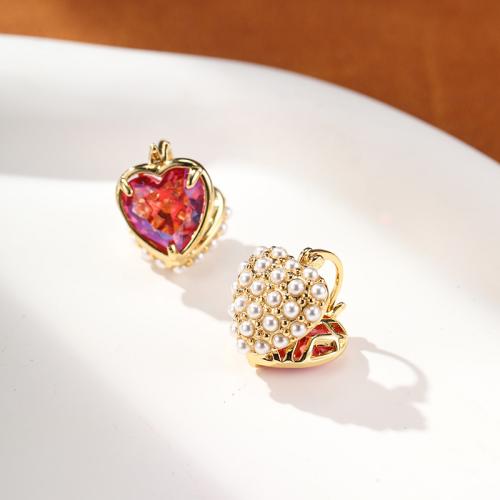 Brass Lever Back Earring, with Shell Pearl & Glass, Heart, 18K gold plated, for woman & double-sided 