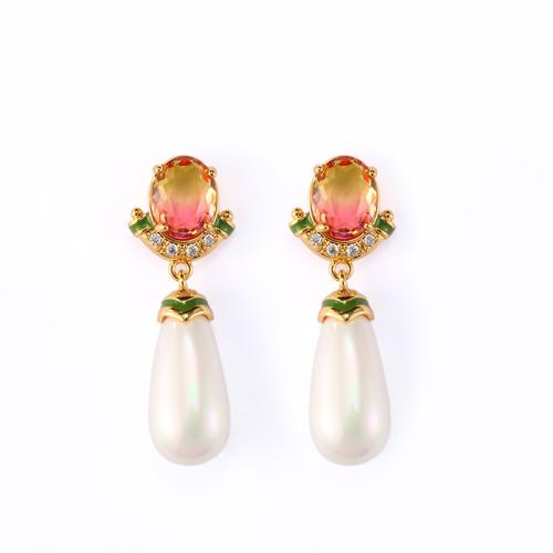 Brass Drop Earring, with Shell Pearl & Glass, 18K gold plated, for woman & enamel & with rhinestone 