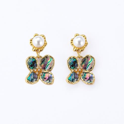 Brass Drop Earring, with Shell Pearl & Abalone Shell, Flower, 18K gold plated, for woman & with rhinestone 