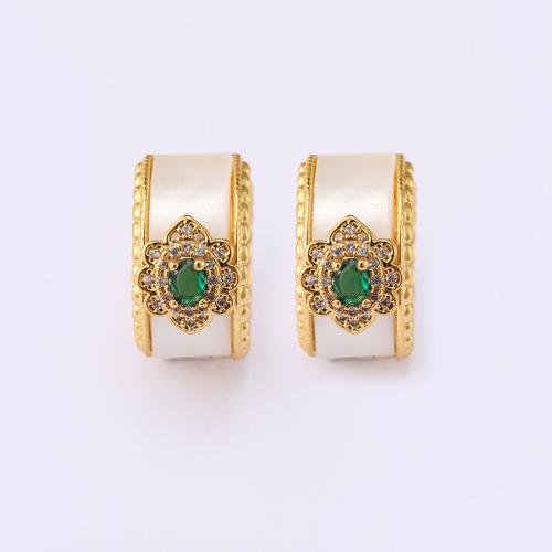 Brass Huggie Hoop Earring, with Green Agate & White Shell, gold color plated, for woman & with rhinestone & hollow 