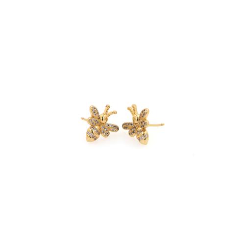 Cubic Zirconia Pendiente Brass Micro Pave, metal, Abeja, chapado en color dorado, Joyería & micro arcilla de zirconia cúbica & para mujer, 14.6x14.6x2.5mm, Vendido por Par