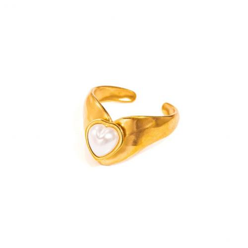 Titanium Steel Finger Ring, with Plastic Pearl, gold color plated, fashion jewelry, golden [