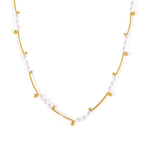 Collier de bijoux de titane, Acier titane, avec perle de plastique, avec 7cm chaînes de rallonge, bijoux de mode & pour femme, doré Environ 43 cm, Vendu par PC