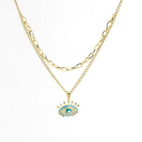 Evil Eye Jewelry Necklace, 304 Stainless Steel, with Cubic Zirconia & Crystal & Brass, with 5cm extender chain, gold color plated, Double Layer & fashion jewelry & for woman cm 