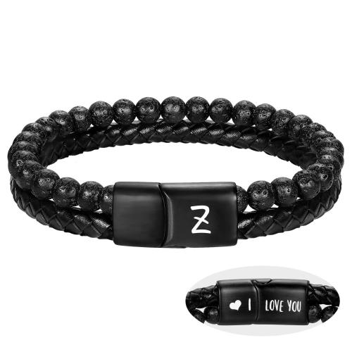 Lava Bead Bracelet, 304 Stainless Steel, with Synthetic Leather & Lava, handmade & for man, black Approx 16 cm [