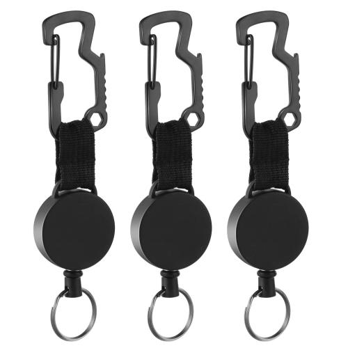 Iron Carabiner Key Ring, with ABS Plastic & Tiger Tail Wire, plated, multifunctional & retractable, black 