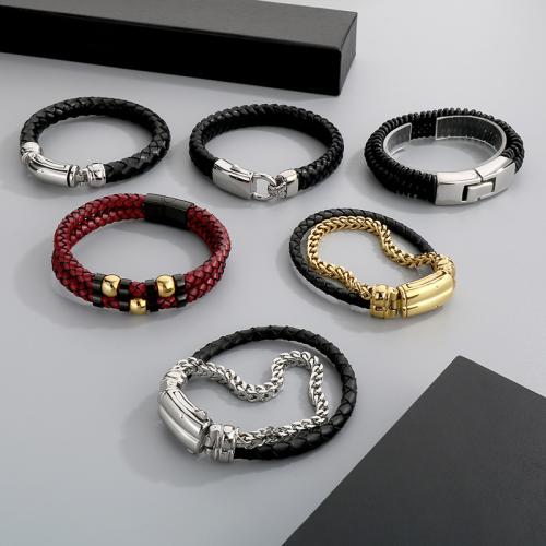 bracelet de cordon en PU , Acier inoxydable 304, avec cuir PU, Placage ionique sous vide, styles différents pour le choix & pour homme, plus de couleurs à choisir, Vendu par PC