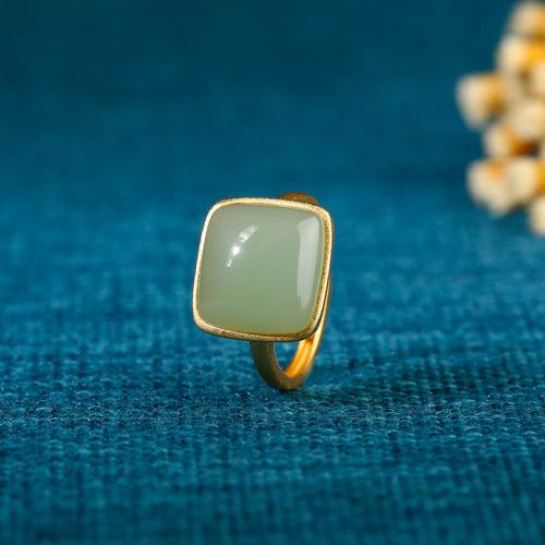 Brass Cuff Finger Ring, with Synthetic Jade, Square, gold color plated, vintage & for woman, US Ring 